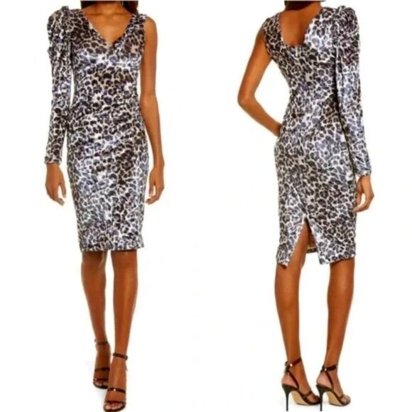 NWT LAVISH ALICE Asymmetrical Leopard Metallic Velvet Bodycon Midi Dress SZ 8 - Picture 1 of 7